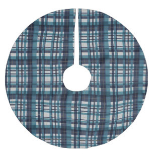 Traditional blue teal gold white madras plaid brushed polyester tree skirt