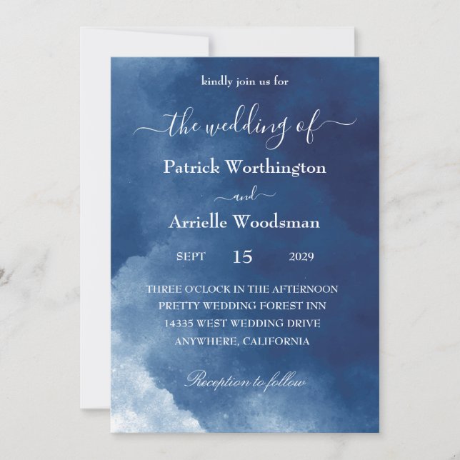 traditional blue watercolor wedding invitation (Front)