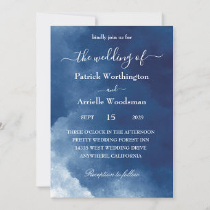 traditional blue watercolor wedding invitation