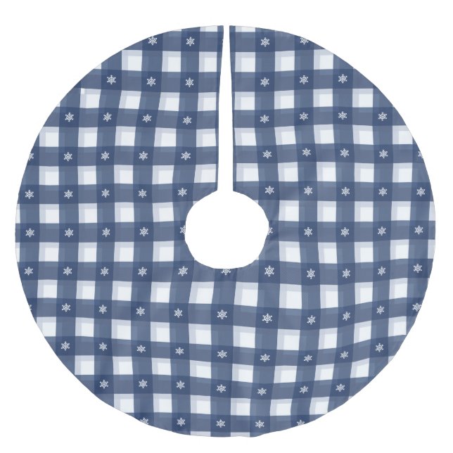 Traditional blue white gingham plaid snowflakes brushed polyester tree skirt (Front)