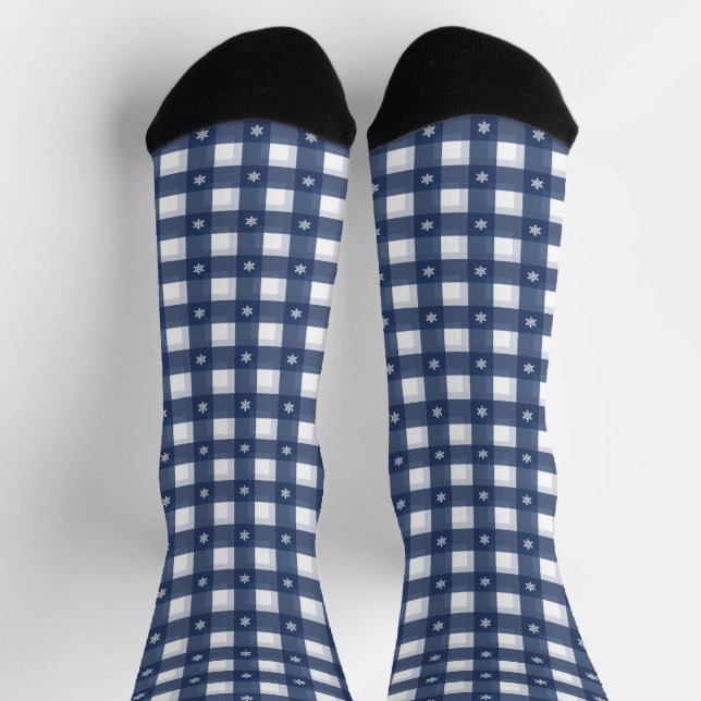 Traditional blue white gingham plaid snowflakes socks (Top)