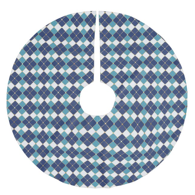 Traditional blue white gold argyle tartan pattern brushed polyester tree skirt (Front)