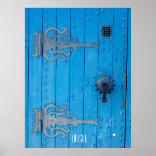 Traditional Blue Wooden Door in Tunisia Poster