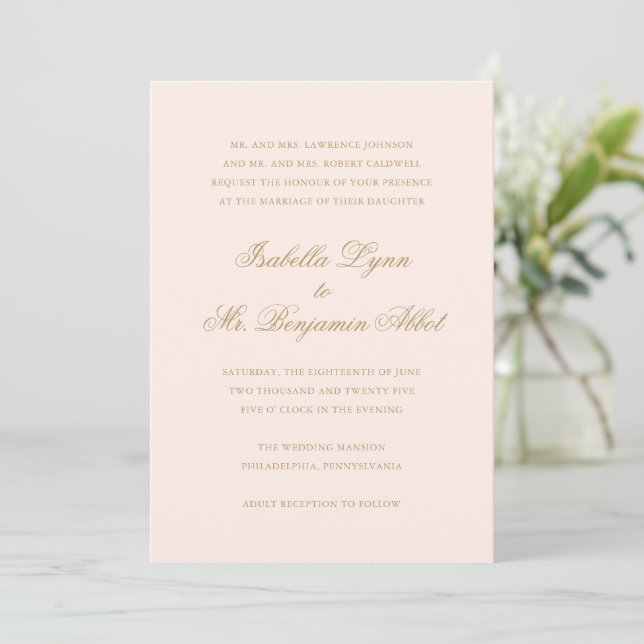 Traditional Blush Pink Formal Elegant Wedding Invitation (Standing Front)