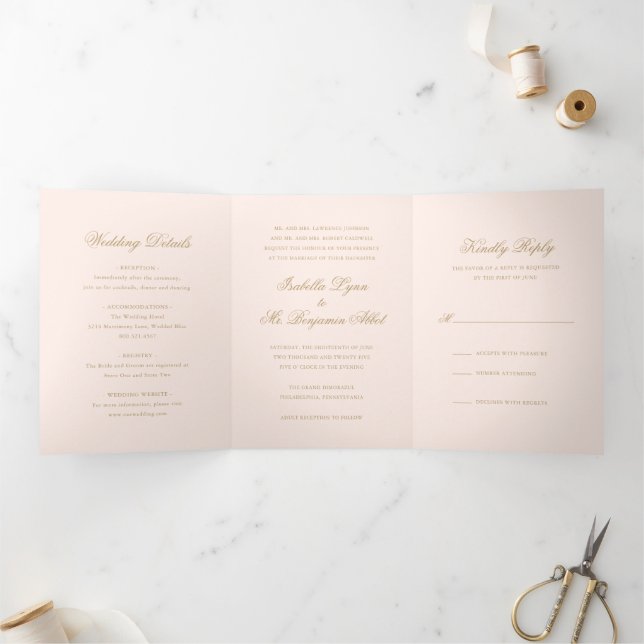 Traditional Blush Pink Formal Elegant Wedding Tri-Fold Invitation (Inside)