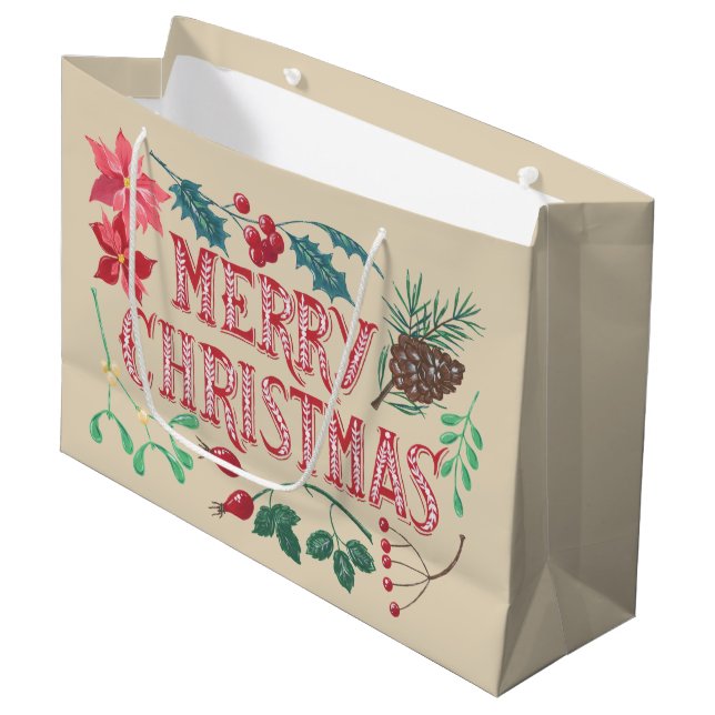 Traditional Botanical Christmas (beige) Large Gift Bag (Front Angled)