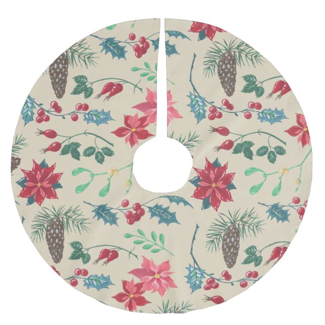 Traditional Botanical Christmas Brushed Polyester Tree Skirt (Front)