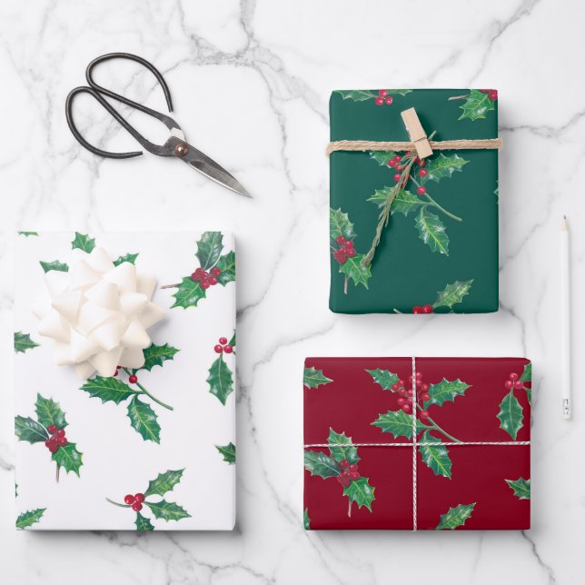 Traditional Botanical Christmas Holly Branches Wrapping Paper Sheet (Front)