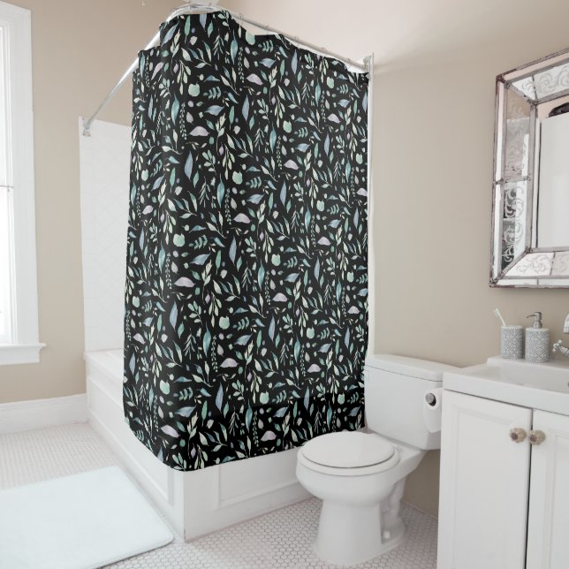 Traditional Botanical Leaf Pattern Blues on Black Shower Curtain (In Situ)