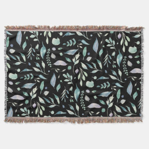 Traditional Botanical Leaf Pattern Blues on Black Throw Blanket