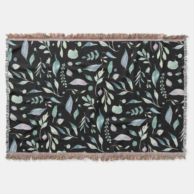 Traditional Botanical Leaf Pattern Blues on Black Throw Blanket (Front)