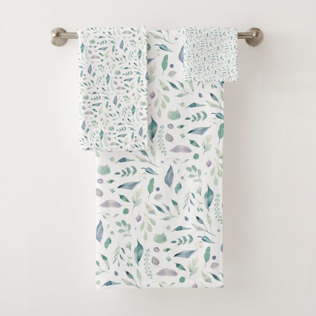 Traditional Botanical Leaf Pattern Blues on White Bath Towel Set (Insitu)