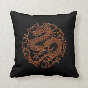 Traditional Brown and Black Chinese Dragon Circle Cushion