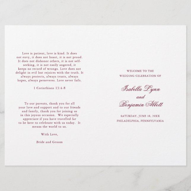 Traditional Burgundy Formal Wedding Program (Front)