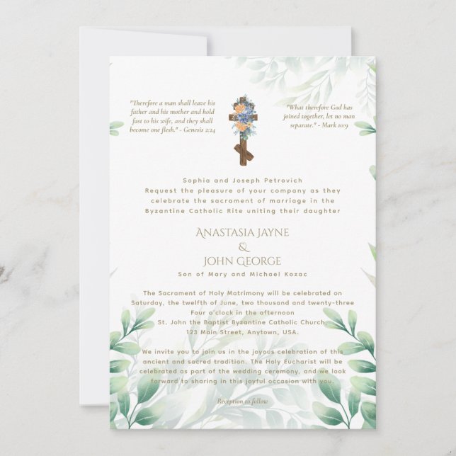 Traditional BYZANTINE Cross Greenery Wedding Invitation (Front)