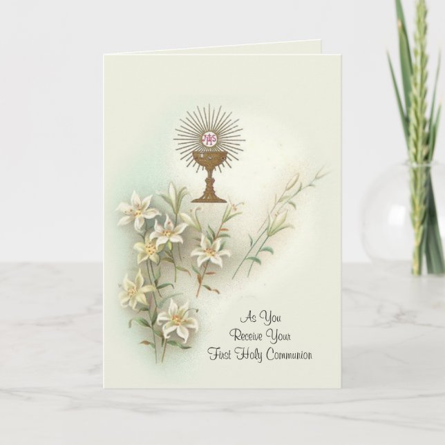 Traditional Catholic First Holy Communion Holiday Card (Front)