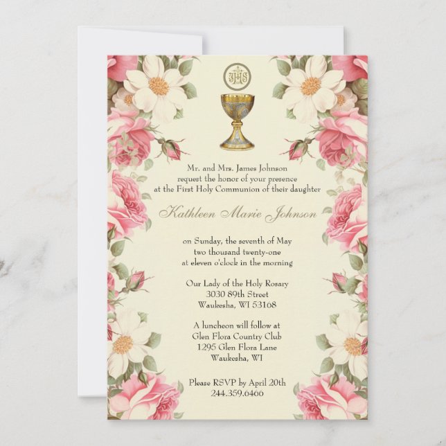 Traditional Catholic Floral First Holy Communion Invitation (Front)