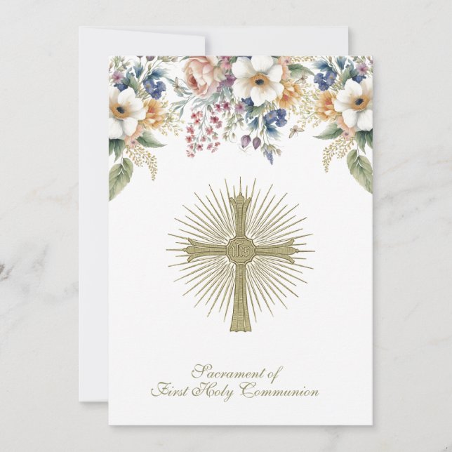 Traditional Catholic Holy Communion Floral Cross Invitation (Front)