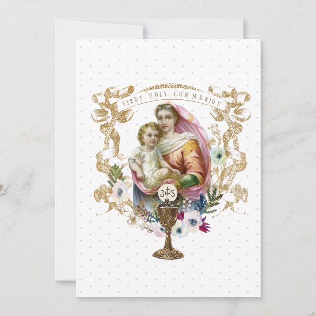 Traditional Catholic  Holy Communion Virgin Mary Invitation (Front)