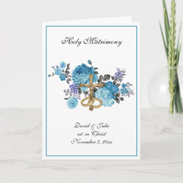 Traditional Catholic Religious Blue Floral Wedding Invitation (Front)