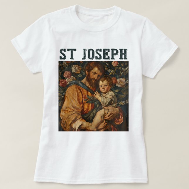 Traditional Catholic Saint Joseph and Baby Jesus T-Shirt (Design Front)