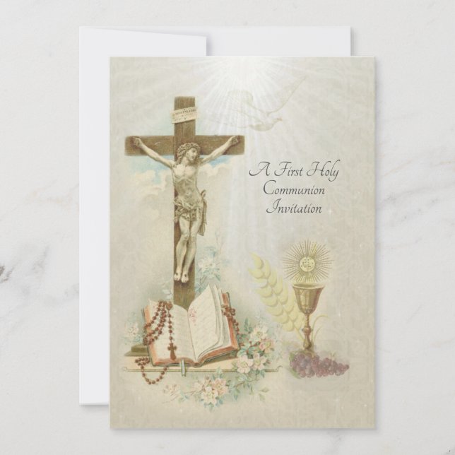 Traditional Catholic Vintage Communion Invitation (Front)