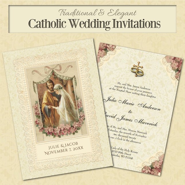 Traditional Catholic Wedding Bride Groom Invitation (Traditional Catholic Wedding Invitations with a vintage image of the betrothal of Mary and Joseph)