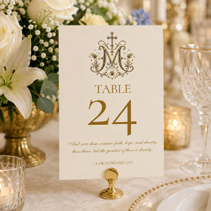 Traditional Catholic Wedding Gold Marian Cross Table Number