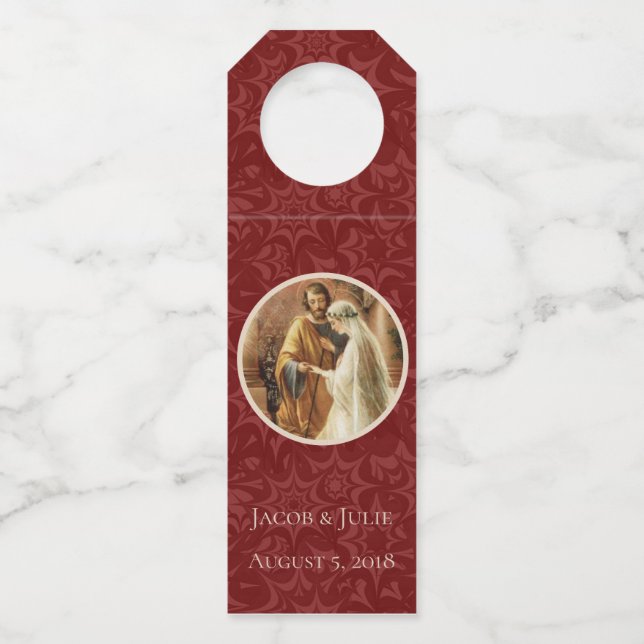 Traditional Catholic Wedding Maroon Damask Bottle Tag (Front)
