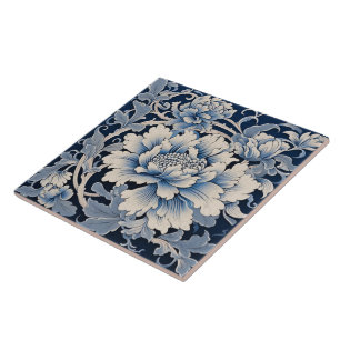 Traditional China Blue Ink Chrysanthemum Tile