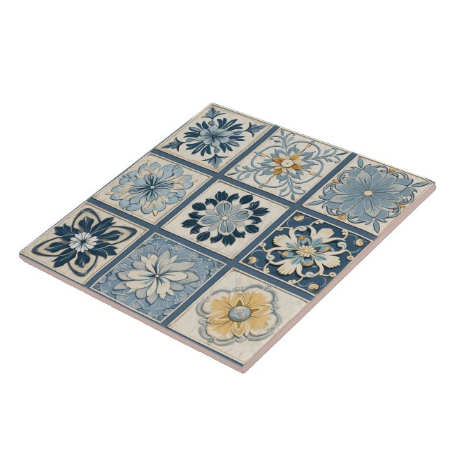 Traditional China Blue Ink Flower Art 12 Tile (Side)