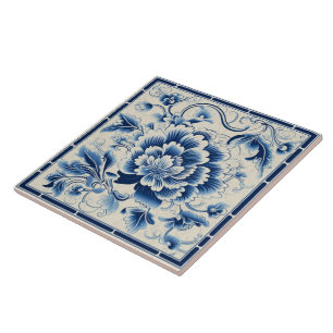 Traditional China Blue Ink Flower Art 14 Tile