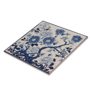 Traditional China Blue Ink Flower Art 2 Tile
