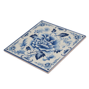 Traditional China Blue Ink Flower Art 4 Tile