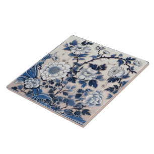 Traditional China Blue Ink Flower Art 6 Tile