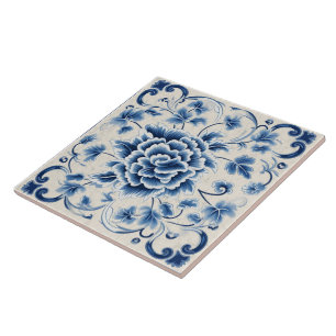 Traditional China Blue Ink Flower Art 8 Tile