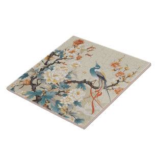 Traditional China Orange Ink Bird And Flower Tile