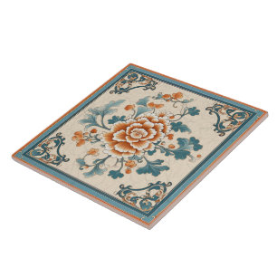 Traditional China Orange Ink Flower Art 1 Tile