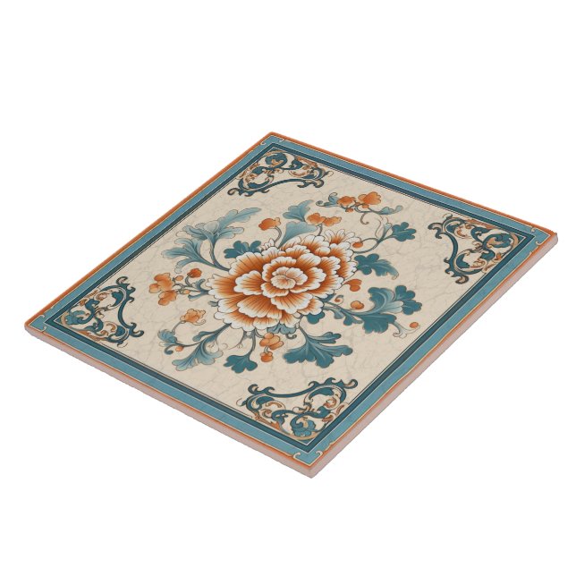 Traditional China Orange Ink Flower Art 1 Tile (Side)