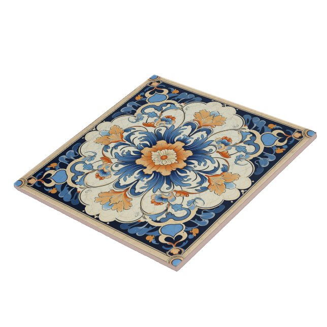 Traditional China Orange Ink Flower Art 2 Tile (Side)
