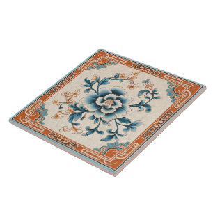 Traditional China Orange Ink Flower Art 3 Tile