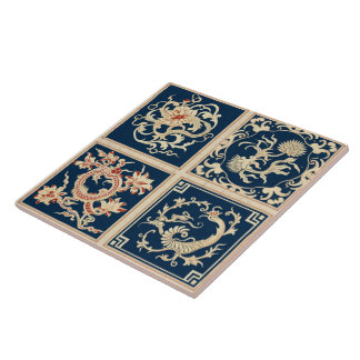 Traditional China Orange Ink Flower Art 4 Tile