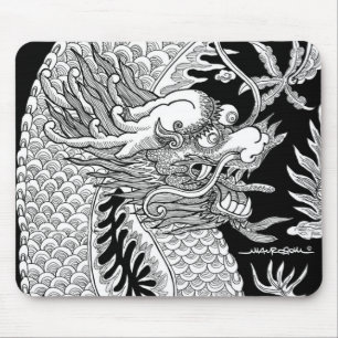 Traditional Chinese Dragon Black and White Sketch Mouse Mat