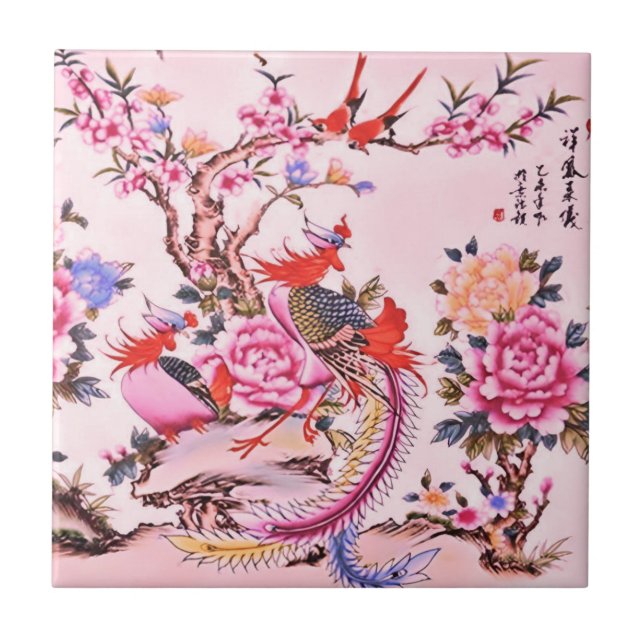 Traditional Chinese Floral Birds Pink Chinoiserie  Tile (Front)