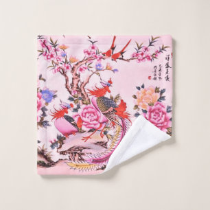 Traditional Chinese Floral Birds Pink Chinoiserie Wash Cloth