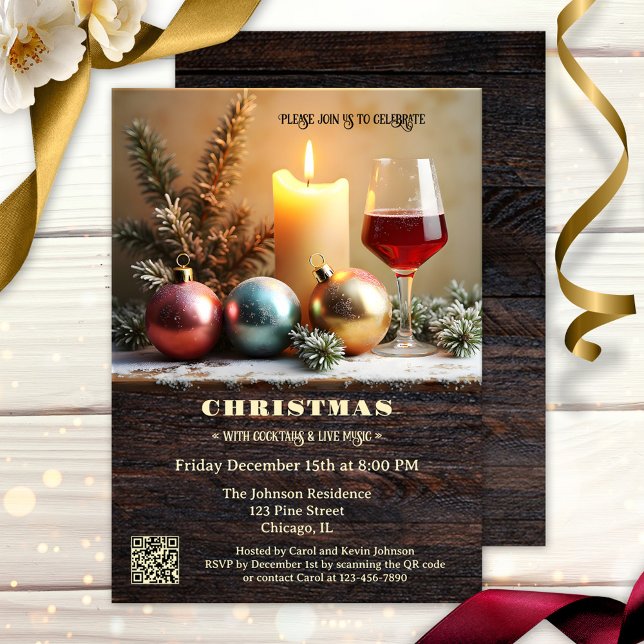 Traditional Christmas Dinner with Wine and Candle Invitation (Traditional cozy Christmas dinner party invitation featuring festive baubles and wine with a candle)