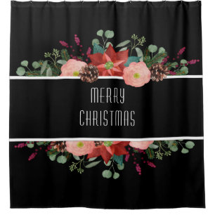 Traditional Christmas Floral on Black Background Shower Curtain