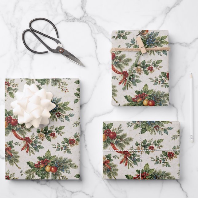 Traditional Christmas Holly and Winter Fruit Wrapping Paper Sheet (Front)