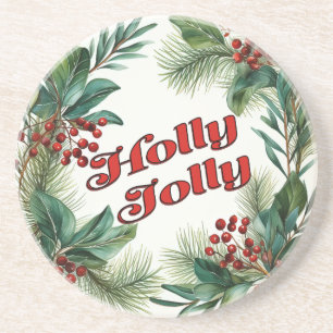 Traditional Christmas "Holly Jolly" Script  Coaster
