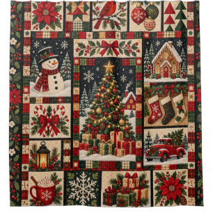Traditional Christmas Patchwork Quilt Holiday Scen Shower Curtain